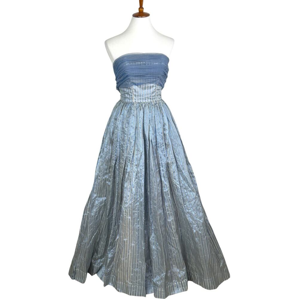 Vintage Strapless Tulle Striped Taffeta Formal Ball Gown Blue/Silver Women's XS